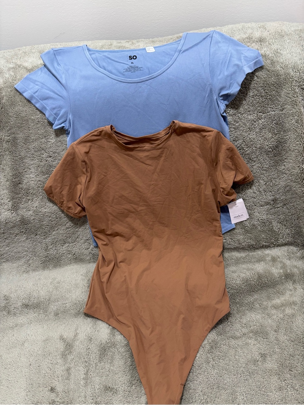 SO and Auden One-Piece Bodysuits in Light Blue and Brown